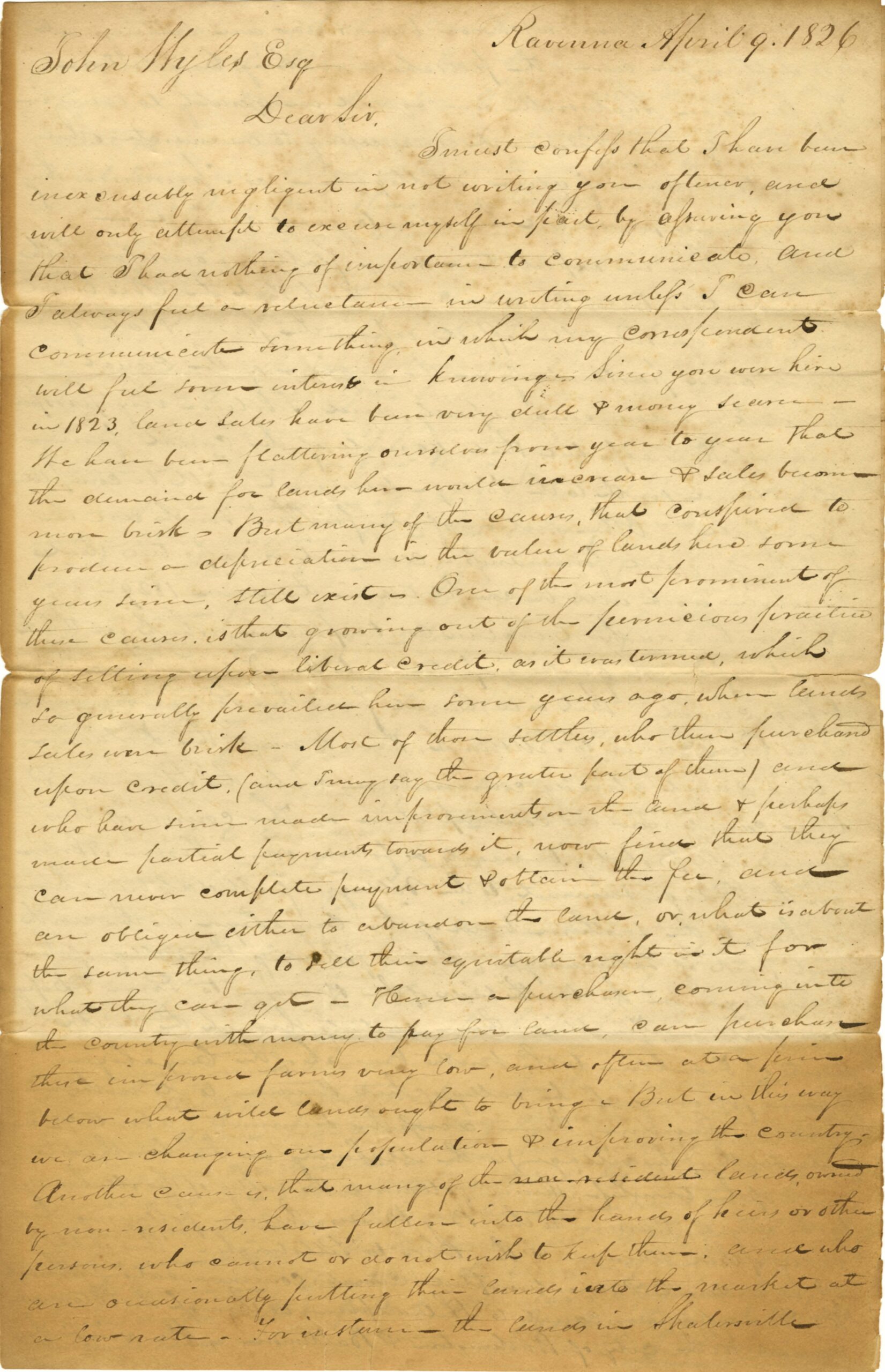 1826/04/09 Letter from Jonathan Sloane to John Wyles, Jr.