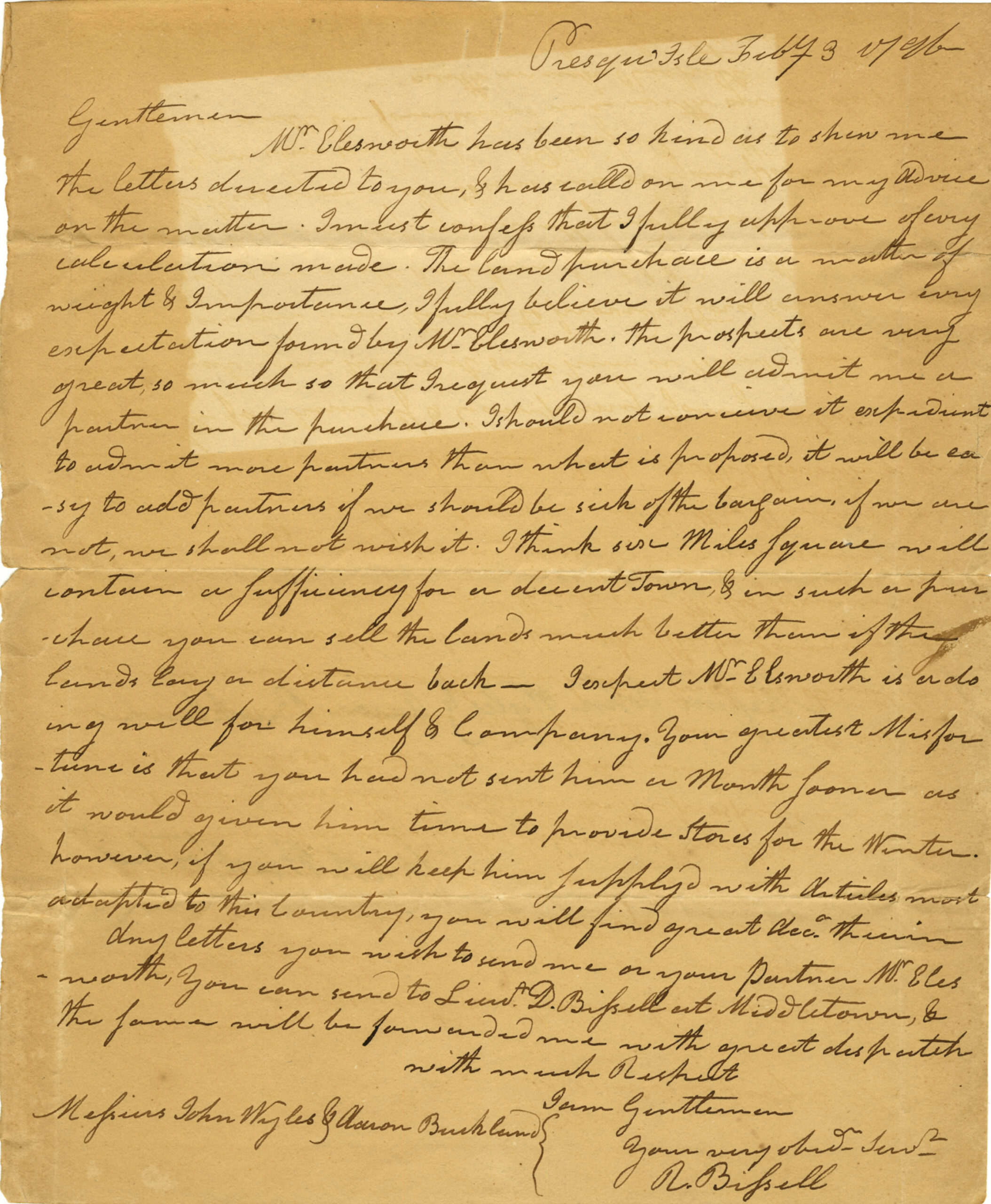 1796/02/03 Letter from Russell Bissell to John Wyles, Sr. and Aaron Buckland